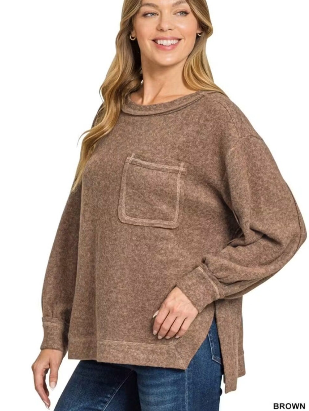 New Zenana Brown Brushed Hacci Top